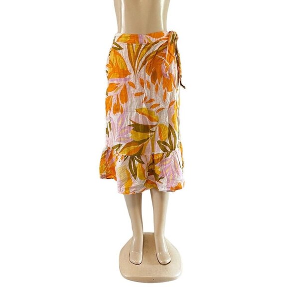 C&C California Floral Linen Midi Trumpet Skirt Wrap Tie Elastic Waist‎ Pockets - Picture 2 of 12